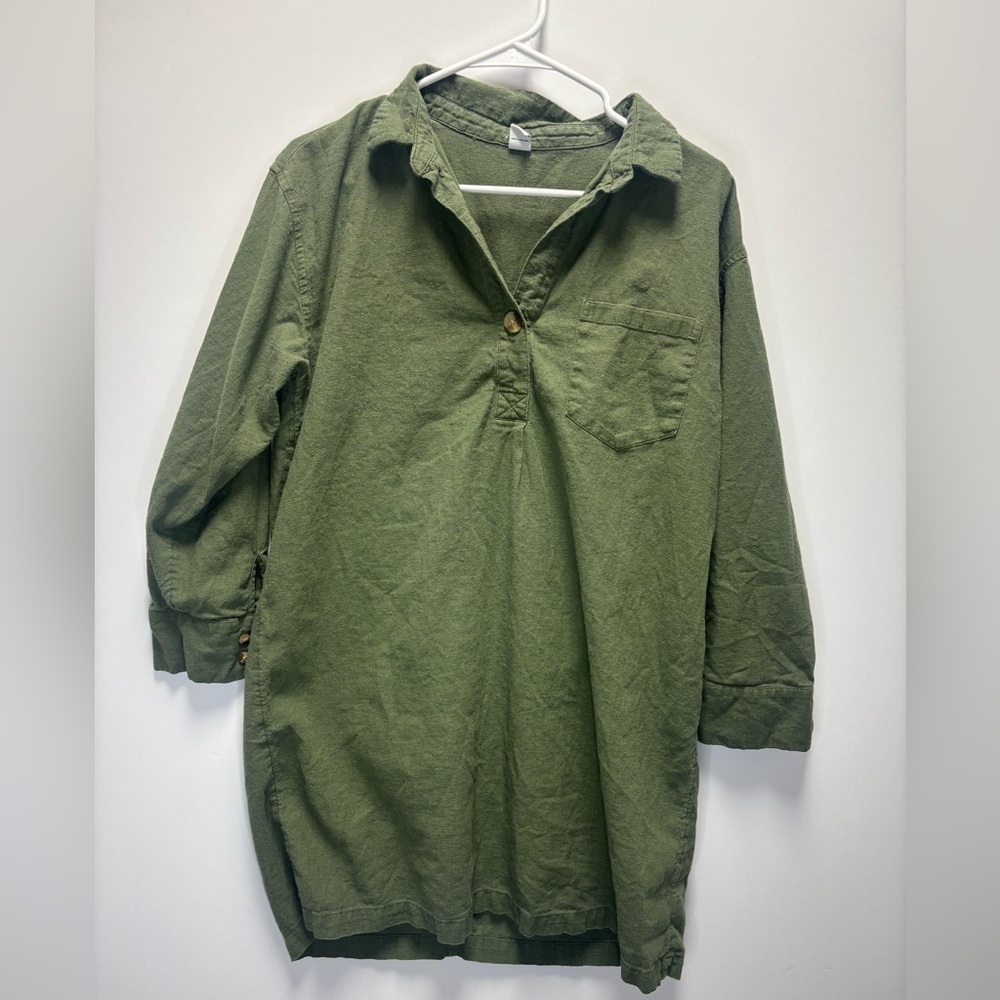 Old Navy Green Linen Long Sleeve Collared Shirt Dress